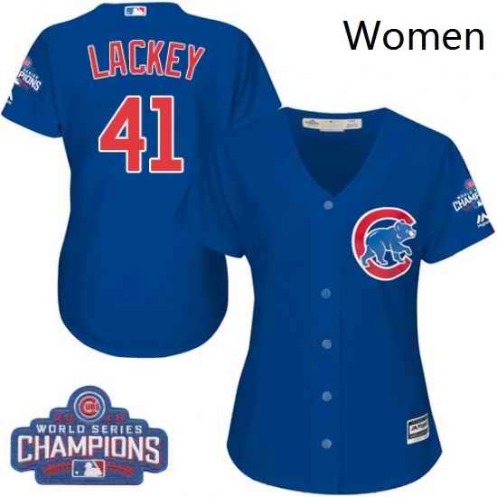 Womens Majestic Chicago Cubs 41 John Lackey Authentic Royal Blue Alternate 2016 World Series Champions Cool Base MLB Jersey